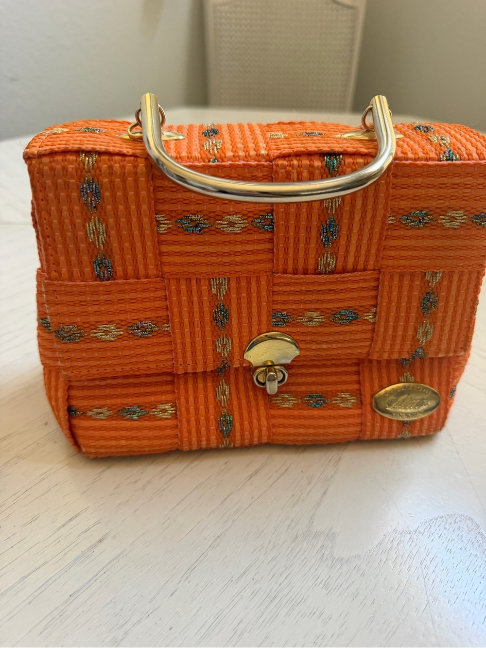 VTG Alna Handmade Vintage Orange Woven Handbag Metallic Embroidery Retro Italy